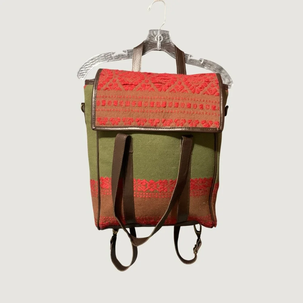 Backpack Womens Tribal Woven Fabric Leather Green Red Boho Embroidered